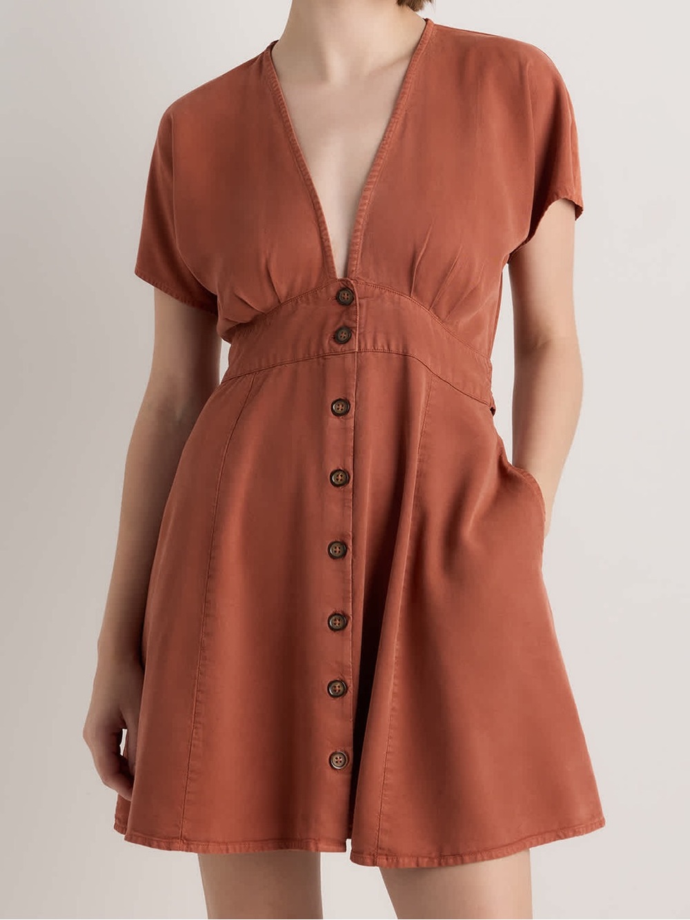 Quince Vintage Wash Tencel Button-Front Dress Terracotta Rust Brown S NWT